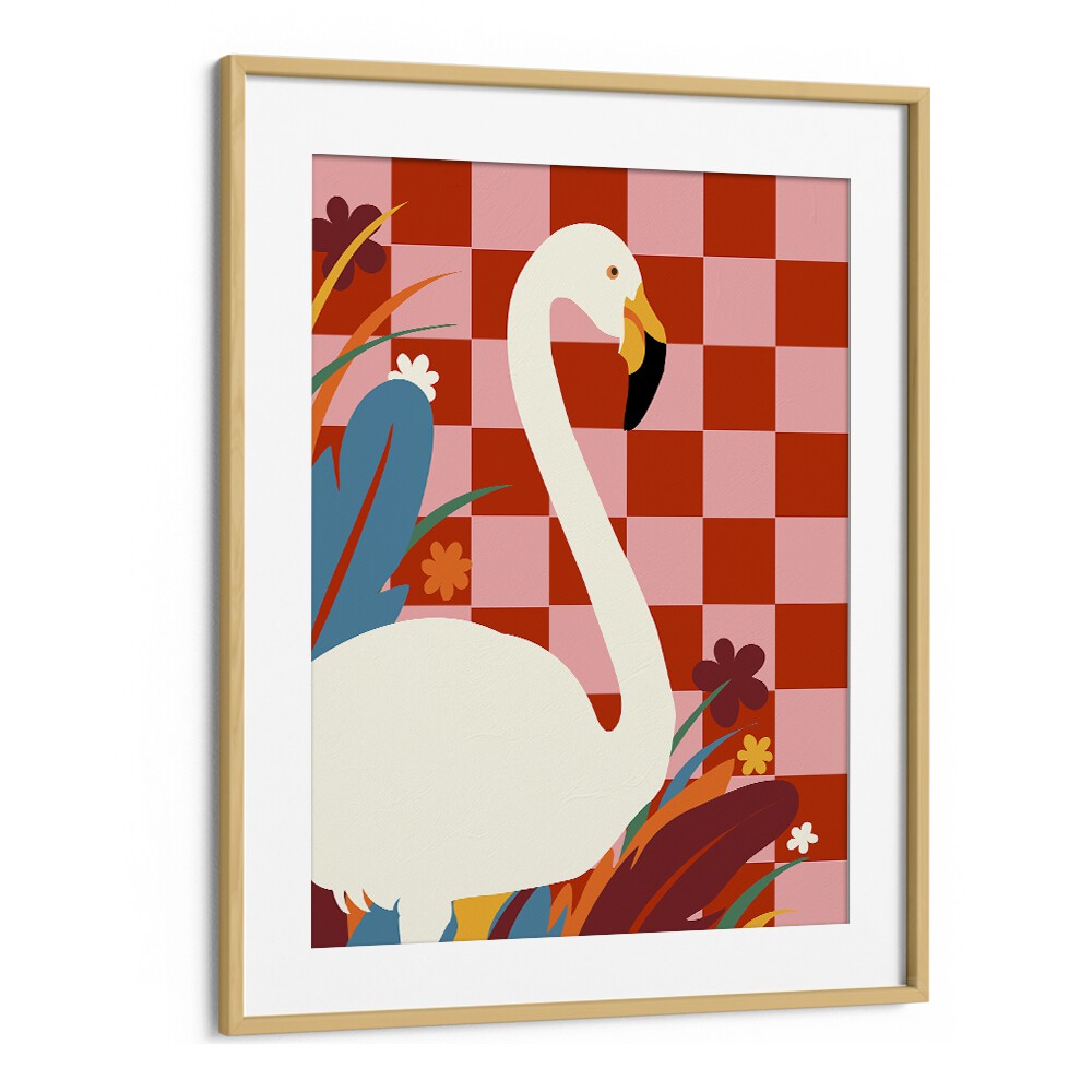 Checkers A The Great Egret By Uma Gokhale Wildlife Poster in Oak Wood Frame With Mount