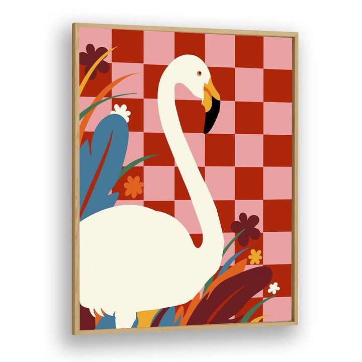 Checkers A The Great Egret By Uma Gokhale Wildlife Poster in Oak Wood Plain Frame