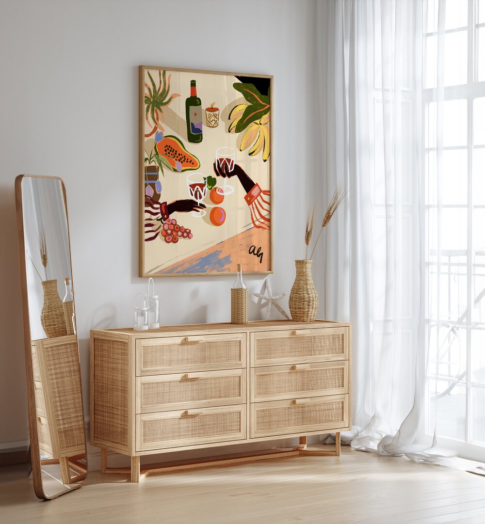 Cheers To You By Arty Guava Wall Art Prints in Oak Wood Plain Frame placed on a White Colored Wall above a Console Table in the Drawing Room 