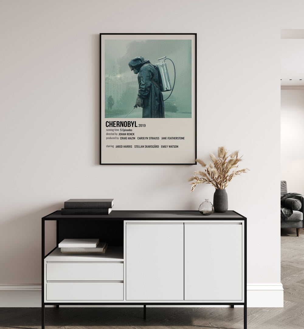 Chernobyl 2019 i Movie Posters in Black Plain Frame hanging on wall above console table