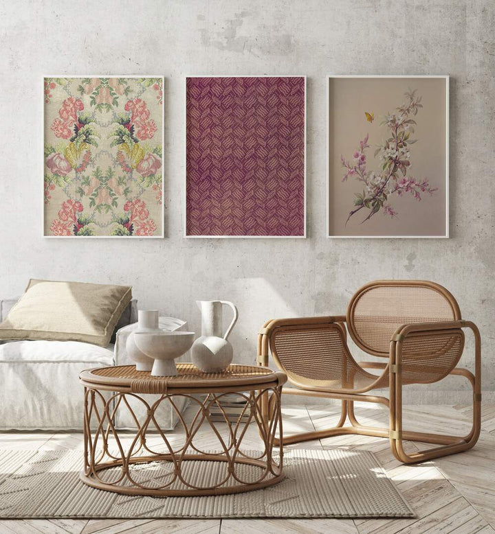 Cherry Blossoms Set Of 3 Paintings in White Plain Frame placed on a wall behind a sofa and a chair