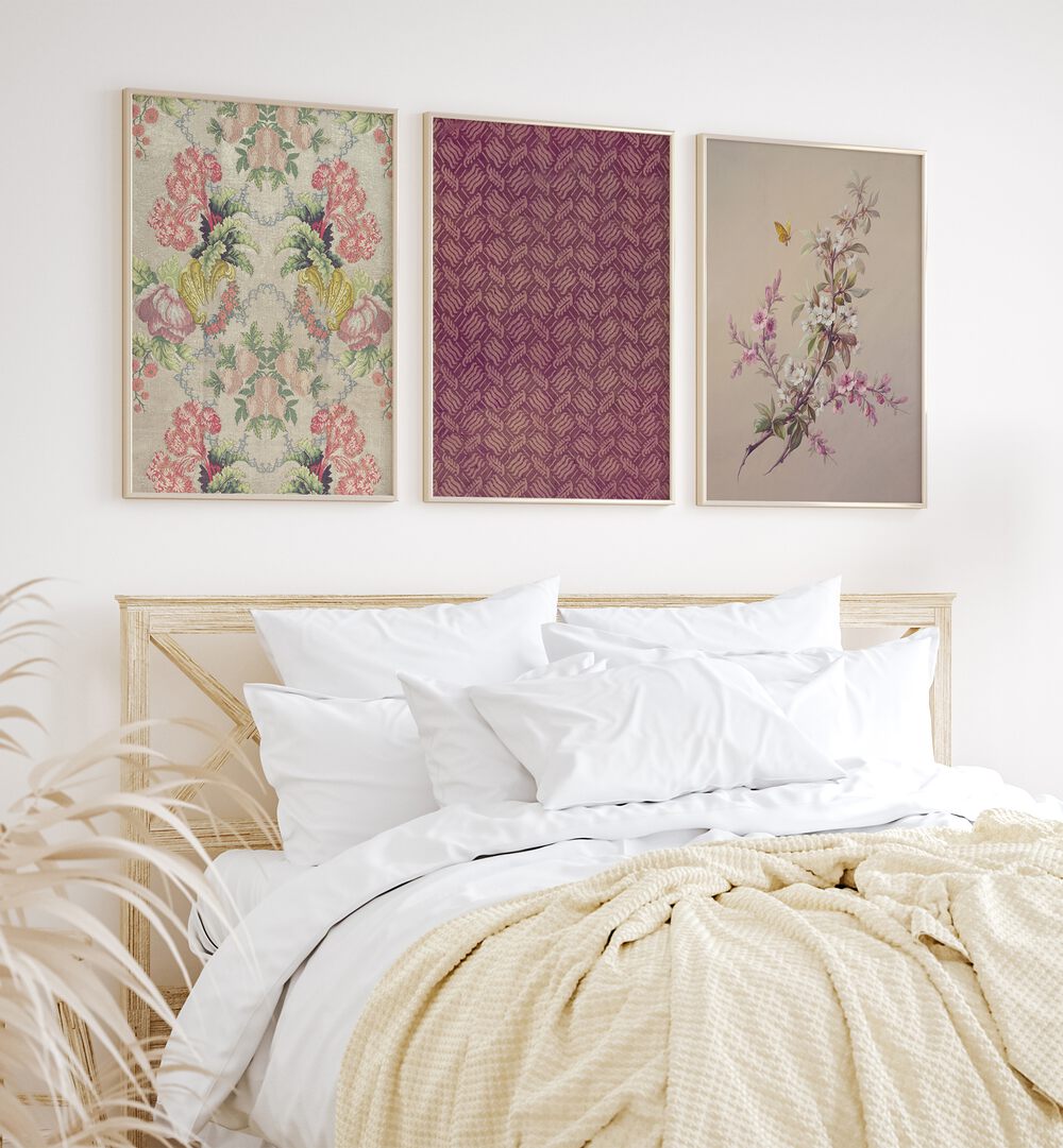 Cherry Blossoms Set Of 3 Paintings in White Plain Frame placed behind a bed for bedroom