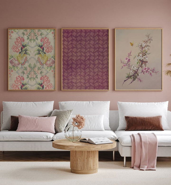 Cherry Blossoms Set Of 3 Paintings in Oak Wood Plain Frame placed on a wall living room wall behind a sofa