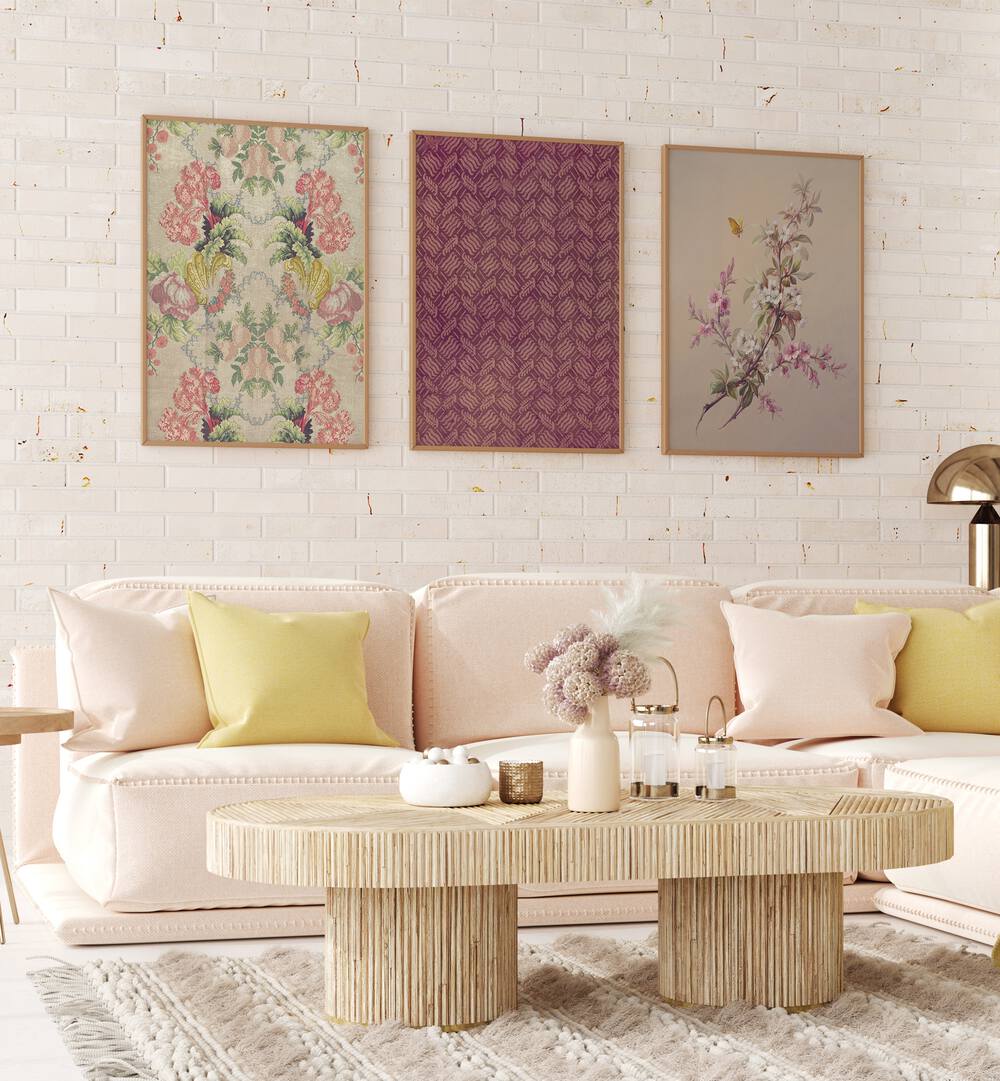 Cherry Blossoms Set Of 3 Paintings in Oak Wood Plain Frame placed on a wall living room wall behind a sofa