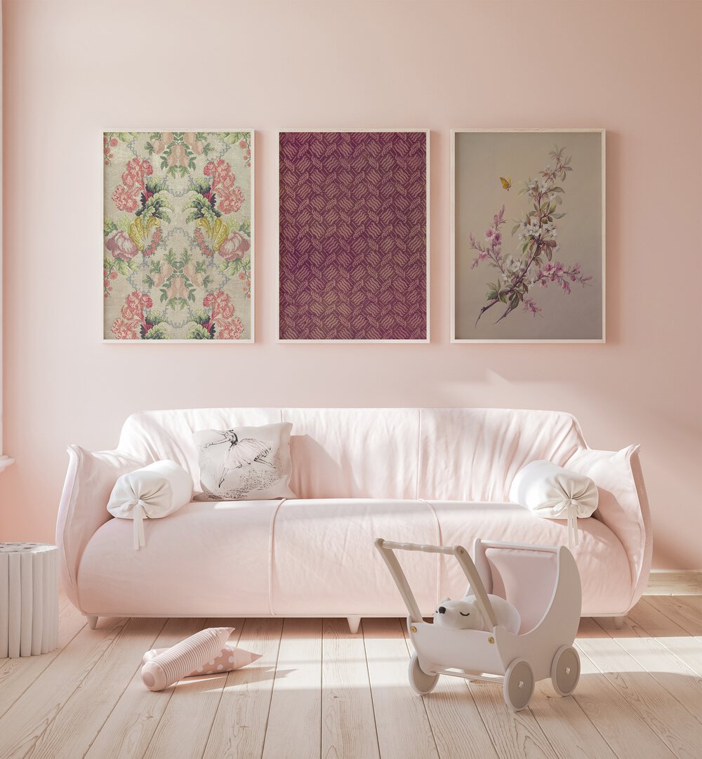 Cherry Blossoms Set Of 3 Paintings in White Plain Frame placed on a wall living room wall behind a sofa