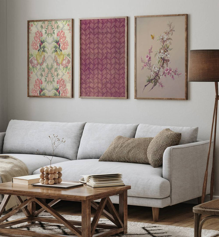 Cherry Blossoms Set Of 3 Paintings in Oak Wood Plain Frame  placed on a wall living room wall behind a sofa