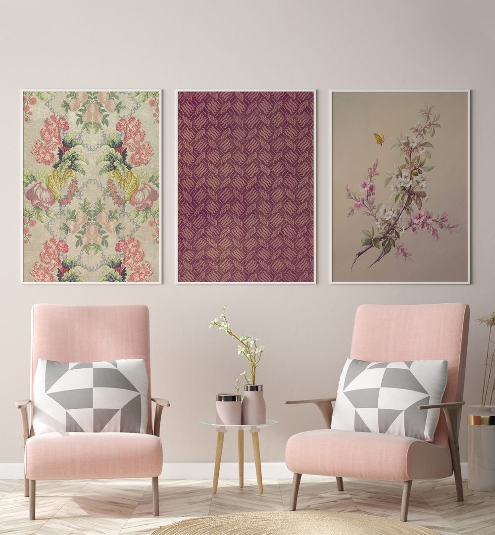 Cherry Blossoms Set Of 3 Paintings in White Plain Frame placed behind pink chair on a wall