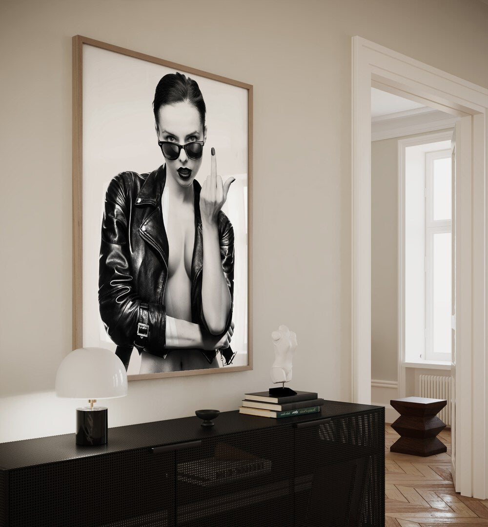 Cherry Bomb by David Drake Fine Art Photography Fashion Photography in Oak Wood Plain Frame placed on a wall behind a black console table