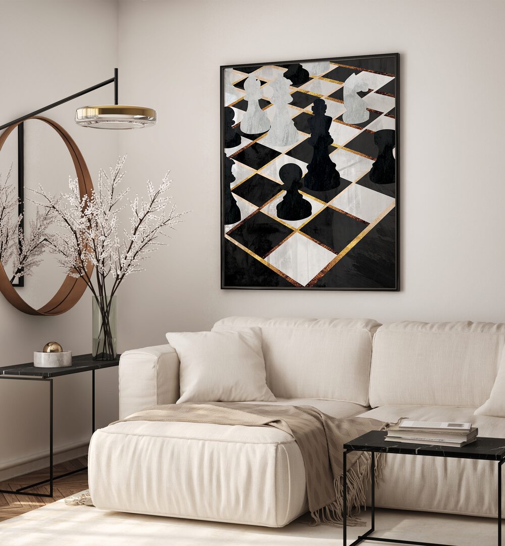 Chess Black and Gold By Sarah Manovski Gaming Poster placed on wall near sofa
