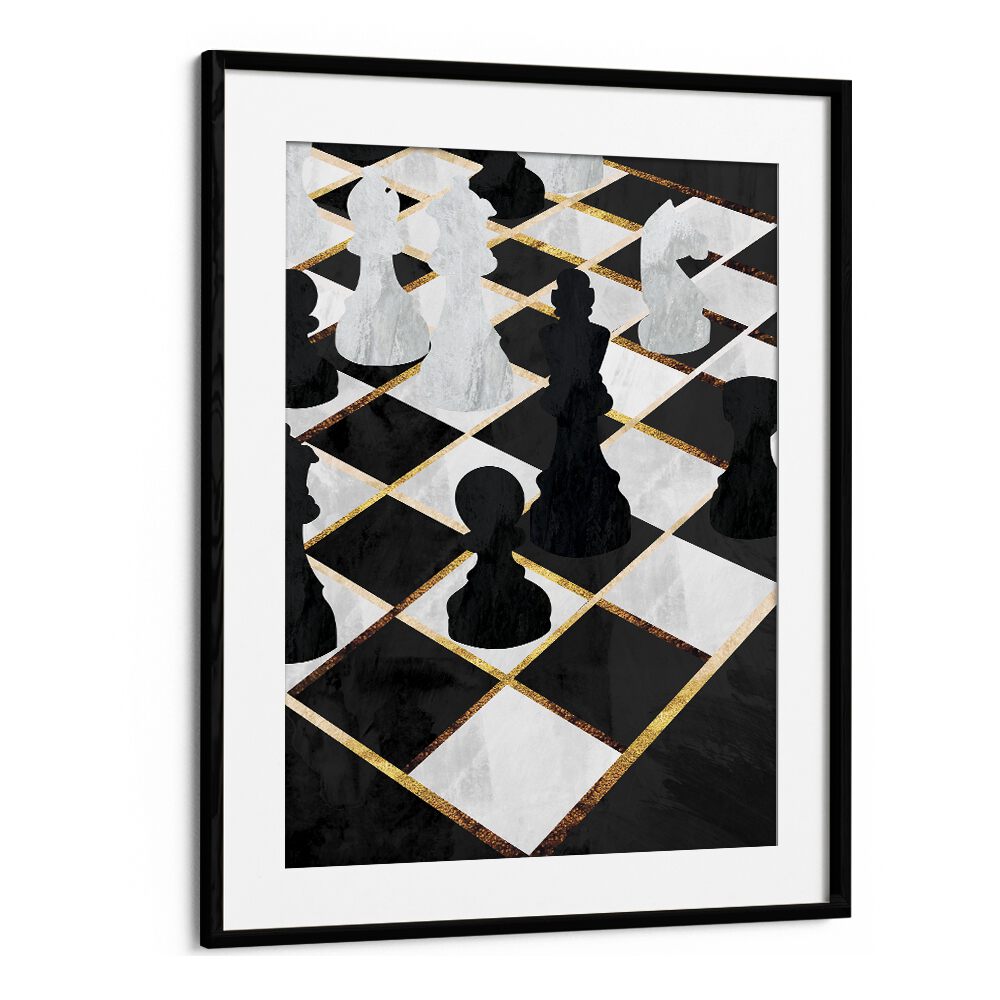 Chess Black and Gold By Sarah Manovski Gaming Poster in Black Frame With Mount