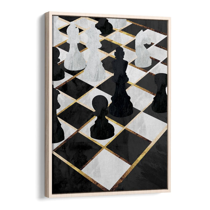 Chess Black and Gold By Sarah Manovski Gaming Poster in Oak Wood Floater Frame