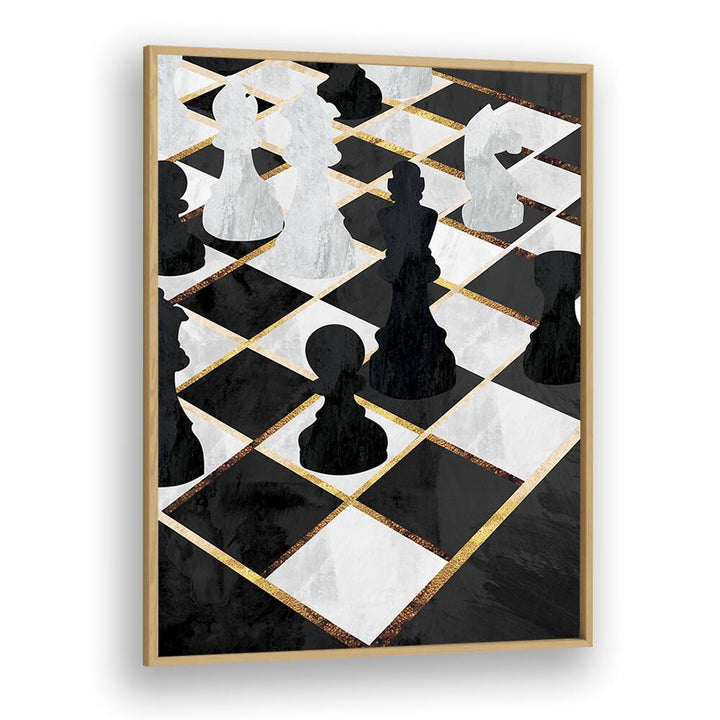 Chess Black and Gold By Sarah Manovski Gaming Poster in Oak Wood Plain Frame