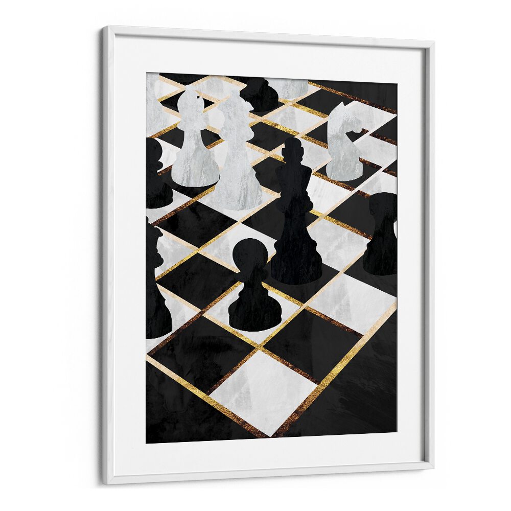 Chess Black and Gold By Sarah Manovski Gaming Poster in White Frame With Mount