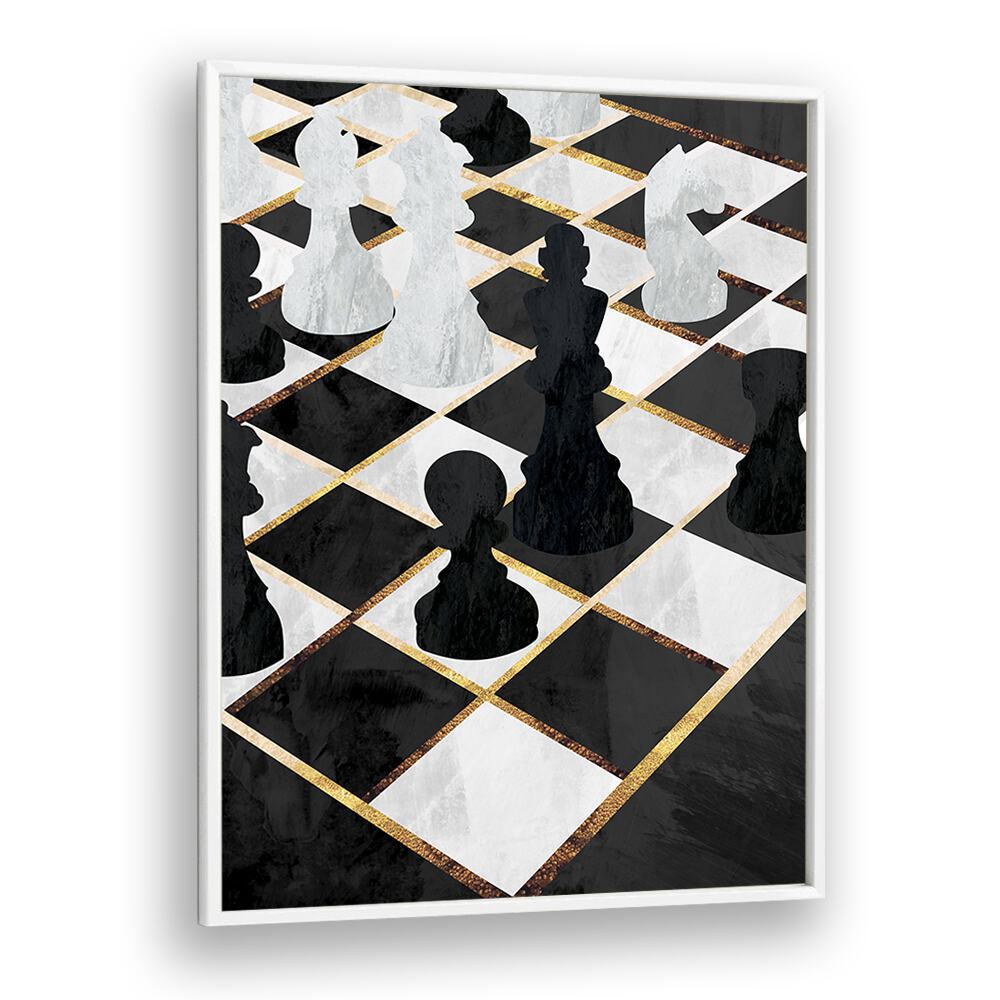 Chess Black and Gold By Sarah Manovski Gaming Poster in White Plain Frame