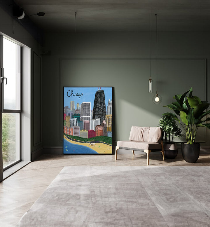 Chicago City With Beachfront on Lake Michigan by Carla Daly Travel Posters in Black Plain Frame placed on the floor between a sofa and a window