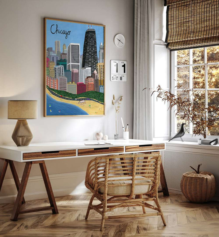 Chicago City With Beachfront on Lake Michigan by Carla Daly Travel Posters in Oak Wood Plain Frame placed on the wall behind a study table and beside a window