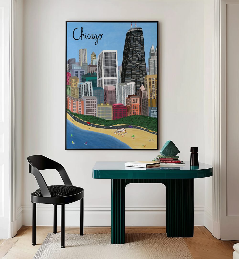 Chicago City With Beachfront on Lake Michigan by Carla Daly Travel Posters in Black Plain Frame placed on the wall behind a study table