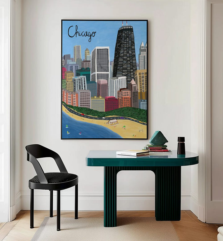 Chicago City With Beachfront on Lake Michigan by Carla Daly Travel Posters in Black Plain Frame placed on the wall behind a study table