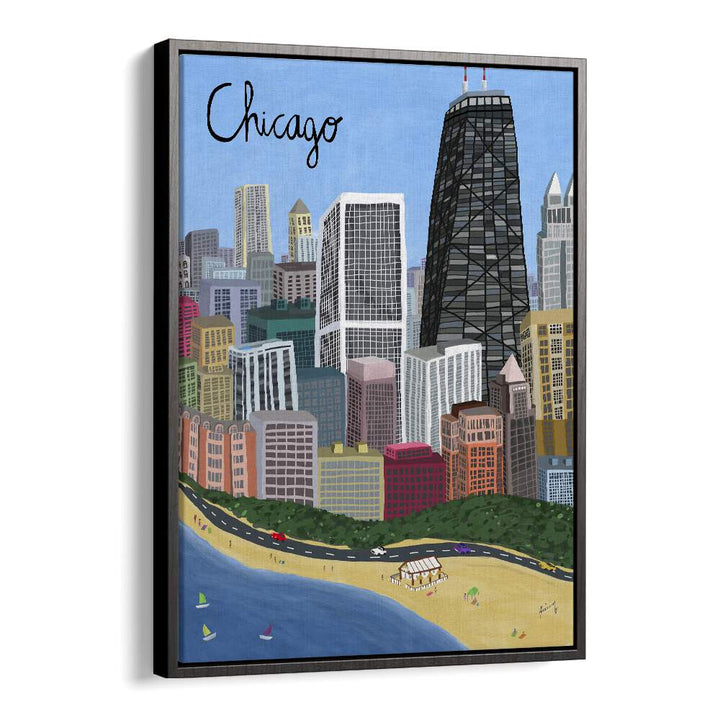 Chicago City With Beachfront on Lake Michigan by Carla Daly Travel Posters in Black Floater Frame