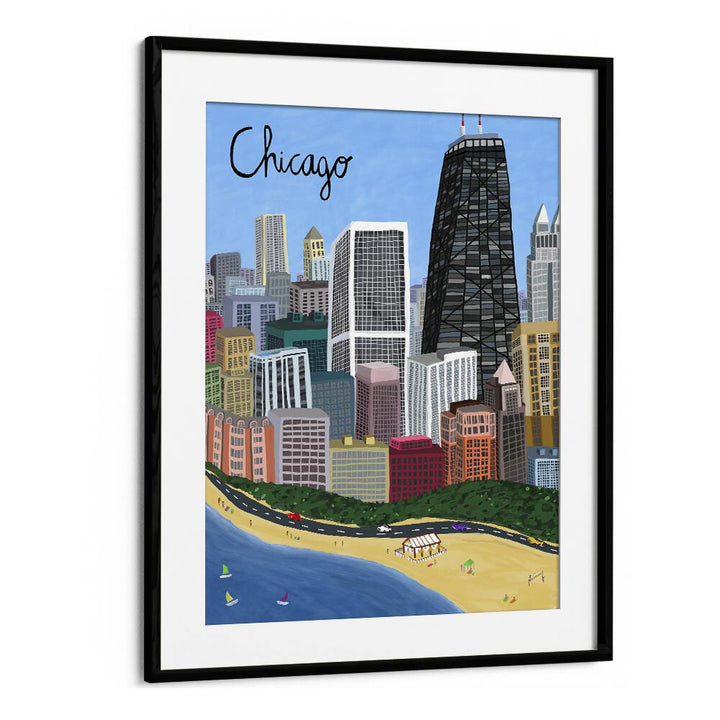 Chicago City With Beachfront on Lake Michigan by Carla Daly Travel Posters in Black Frame With Mount