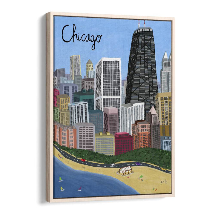 Chicago City With Beachfront on Lake Michigan by Carla Daly Travel Posters in Oak Wood Floater Frame