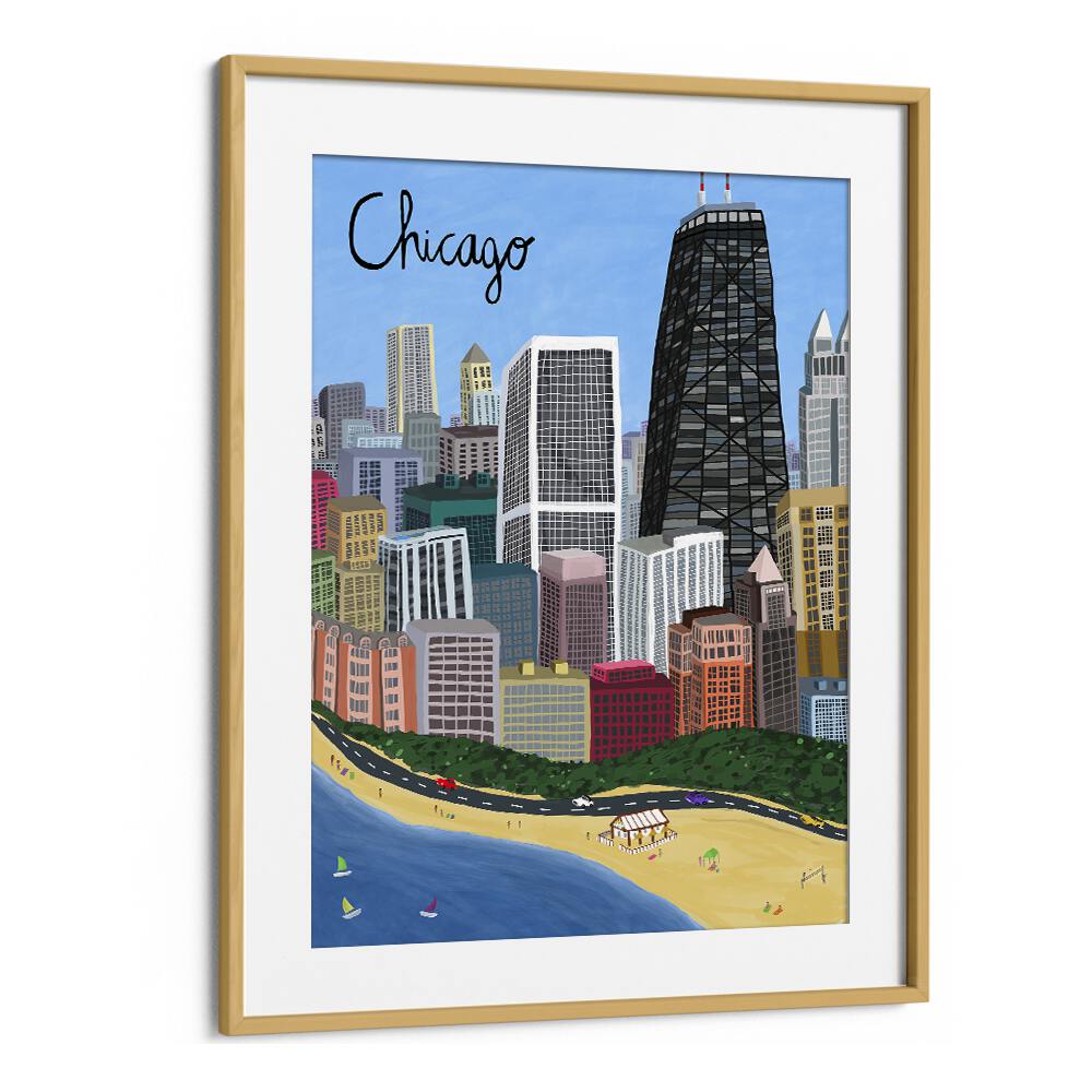 Chicago City With Beachfront on Lake Michigan by Carla Daly Travel Posters in Oak Wood Frame With Mount