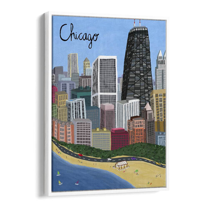 Chicago City With Beachfront on Lake Michigan by Carla Daly Travel Posters in White Floater Frame