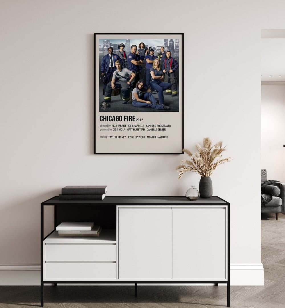 Chicago Fire 2012 Movie Posters in Black Plain Frame hanging on wall above console table