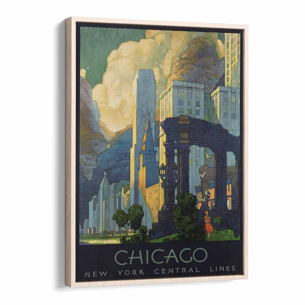 Chicago-Ny Central Lines  Vintage Travel Posters in Oak Wood Floater Frame