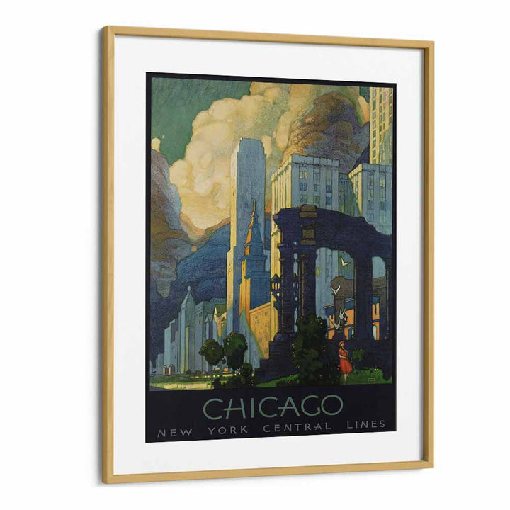 Chicago-Ny Central Lines  Vintage Travel Posters in Oak Wood Frame With Mount