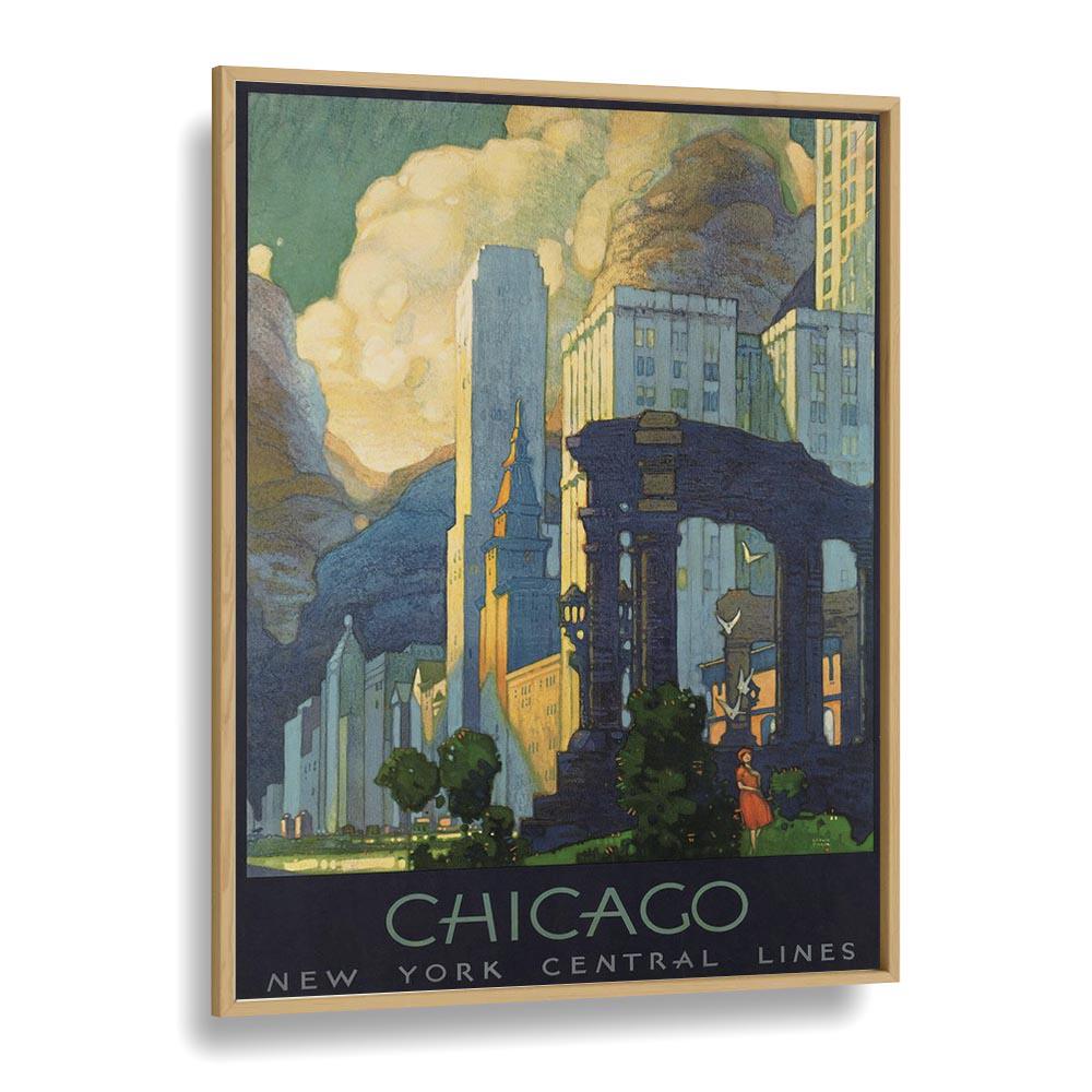 Chicago-Ny Central Lines  Vintage Travel Posters in Oak Wood Plain Frame