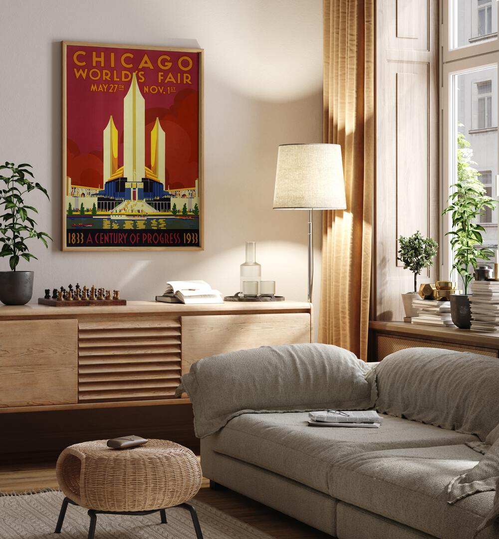 Chicago World Fair  Retro Travel Posters in Oak Wood Plain Frame placed on a wall behind a console table