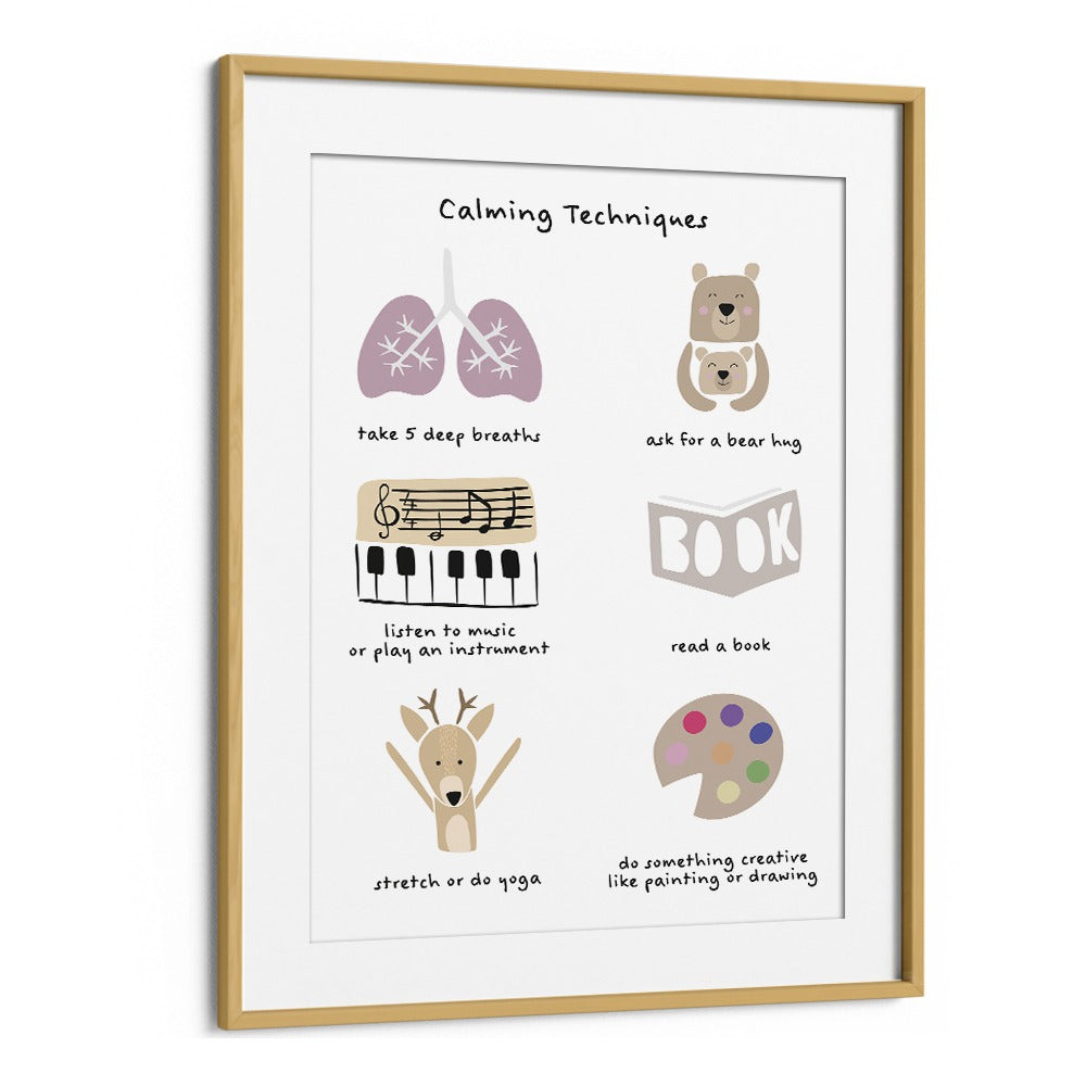 Childrens Calming Meditation Emotions Print II By Sarah Manovski Kids Room Art in Oak Wood Frame With Mount