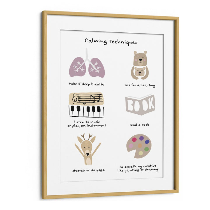 Childrens Calming Meditation Emotions Print II By Sarah Manovski Kids Room Art in Oak Wood Frame With Mount