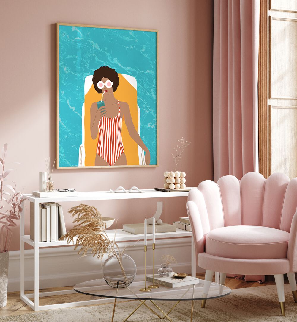 Chilling In The Moment By Uma Gokhale Woman Illustration Paintings in Oak Wood Plain Frame on a pink wall above a white table