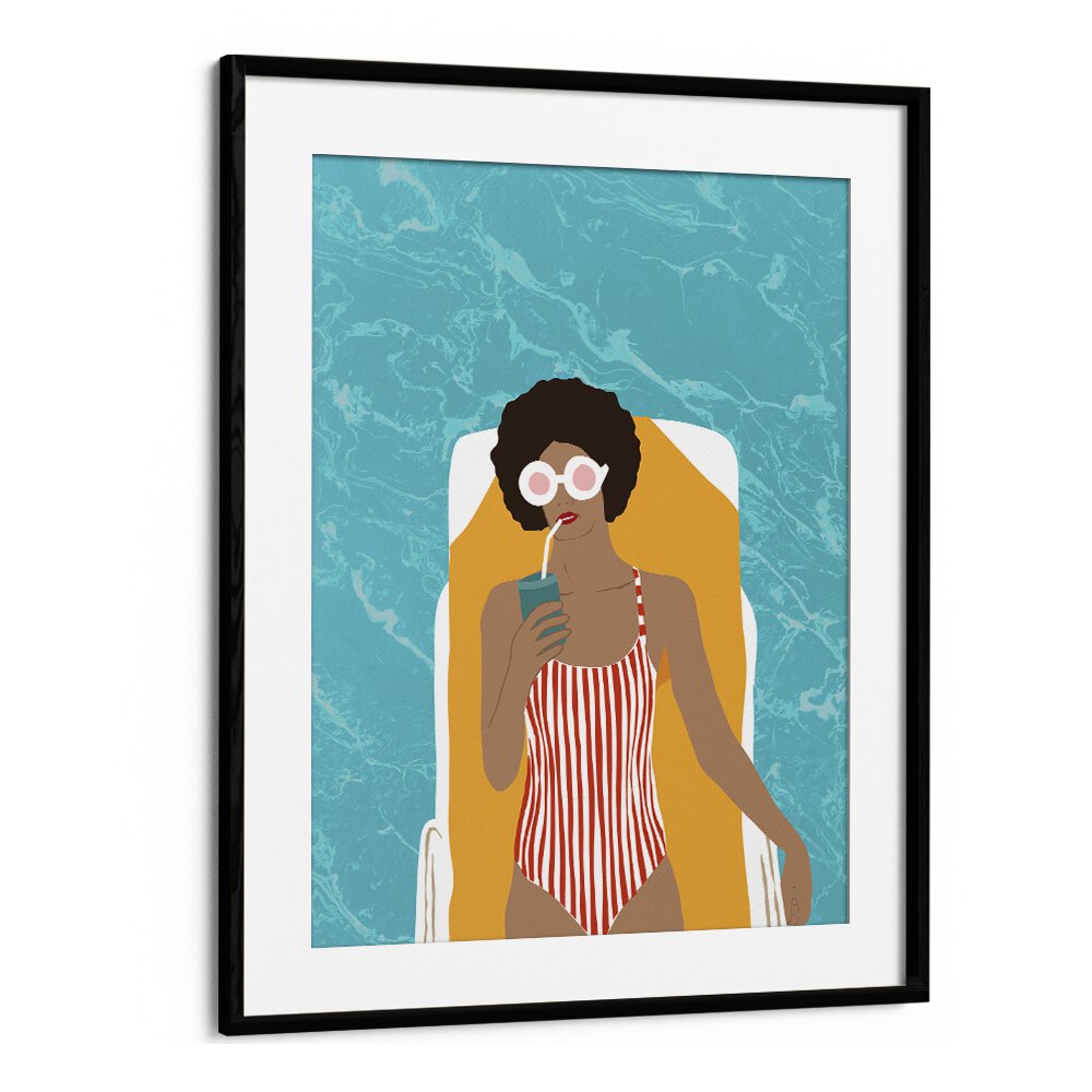 Chilling In The Moment By Uma Gokhale Woman Illustration Paintings in Black Frame With Mount