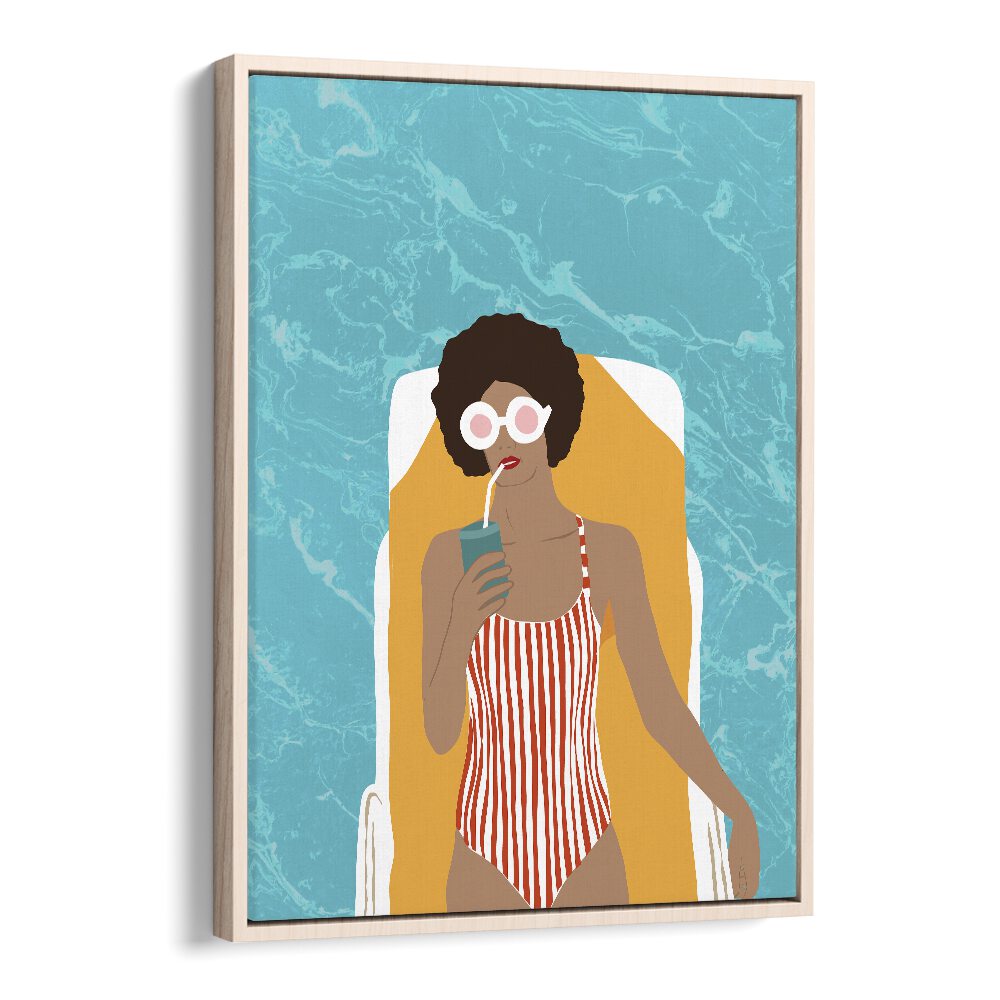 Chilling In The Moment By Uma Gokhale Woman Illustration Paintings in Oak Wood Floater Frame