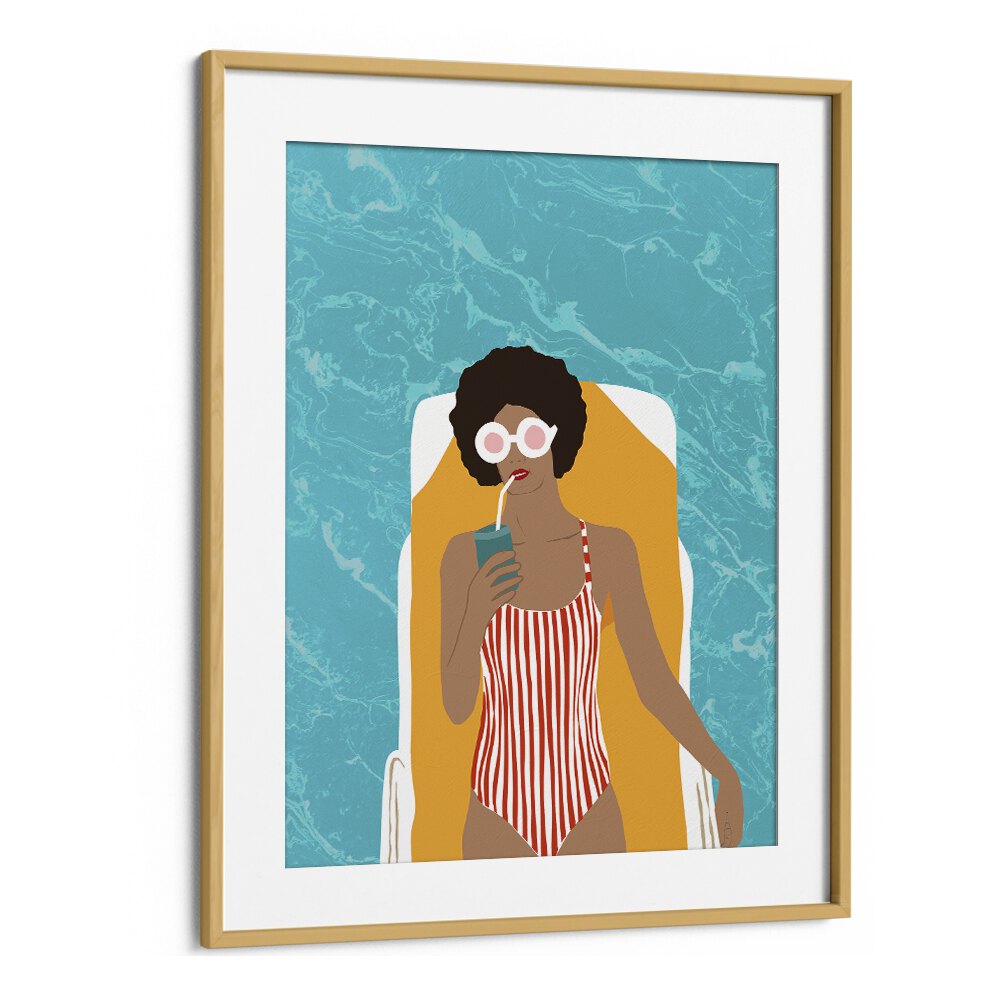 Chilling In The Moment By Uma Gokhale Woman Illustration Paintings in Oak Wood Frame With Mount