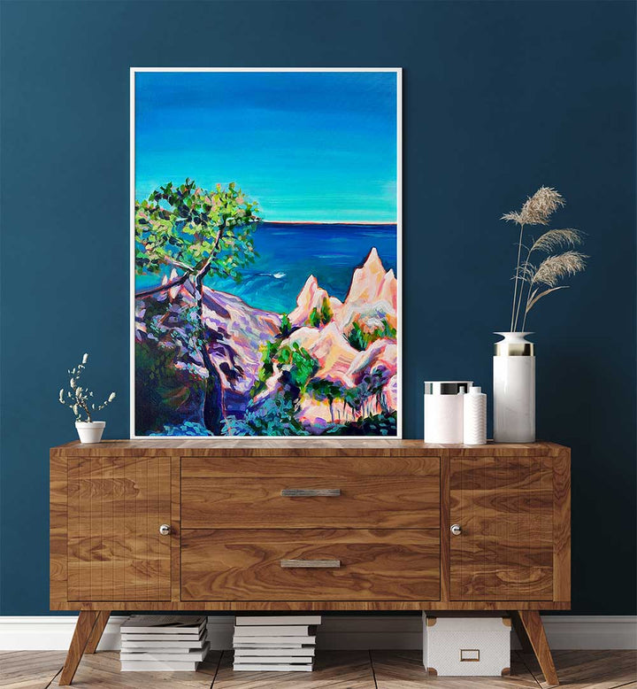 Framed vibrant seascape of rugged cliffs and tree over dresser — CHIMNEY BLUFFS , LANDSCAPE PAINTINGS