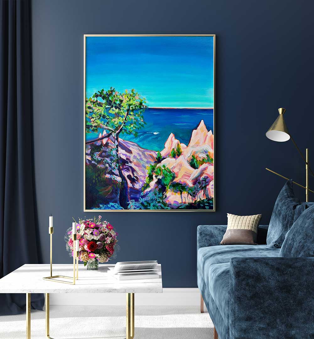 Framed CHIMNEY BLUFFS , LANDSCAPE PAINTINGS showing rugged sea cliffs, tree and vibrant sky in navy living room