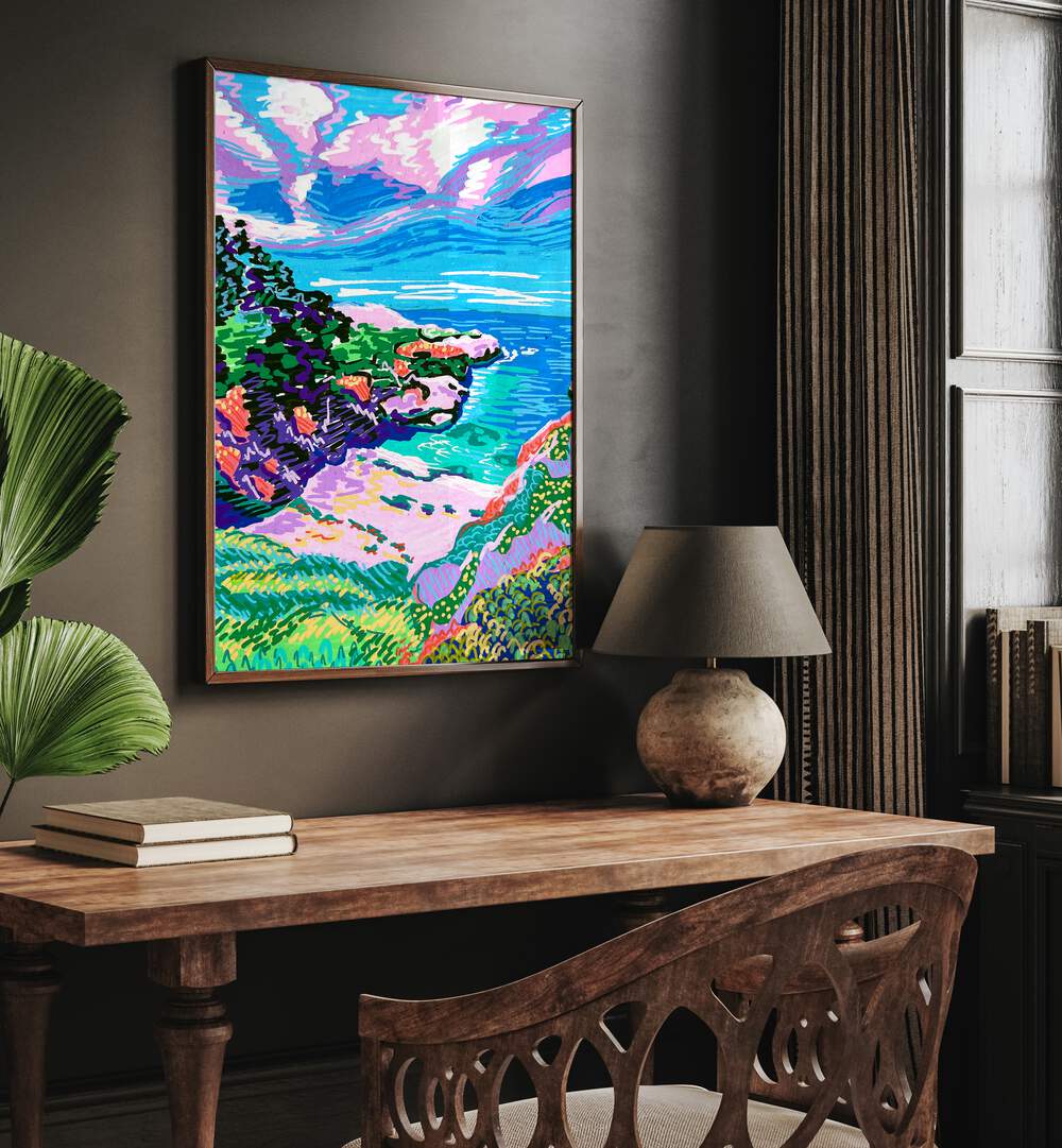 China Cove Beach By Key And Sea Creative Travel Poster in Oak Wood Plain Frame on a wall above a study table 