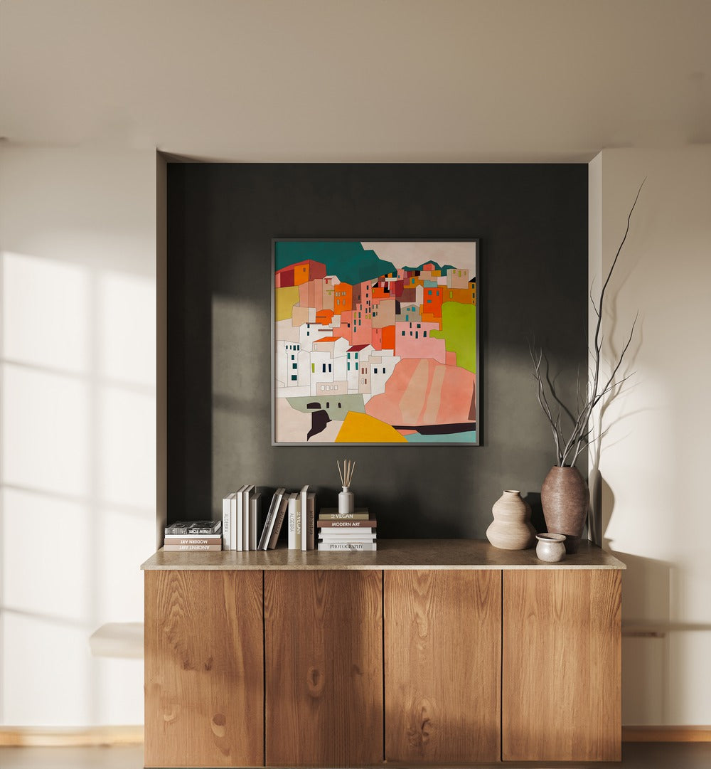 Cinque Terre By Ana Rut Bre Abstract Art Abstract Paintings in Black Plain Frame placed on a Dark Grey Colored Wall above a Console Table in the Living Room 