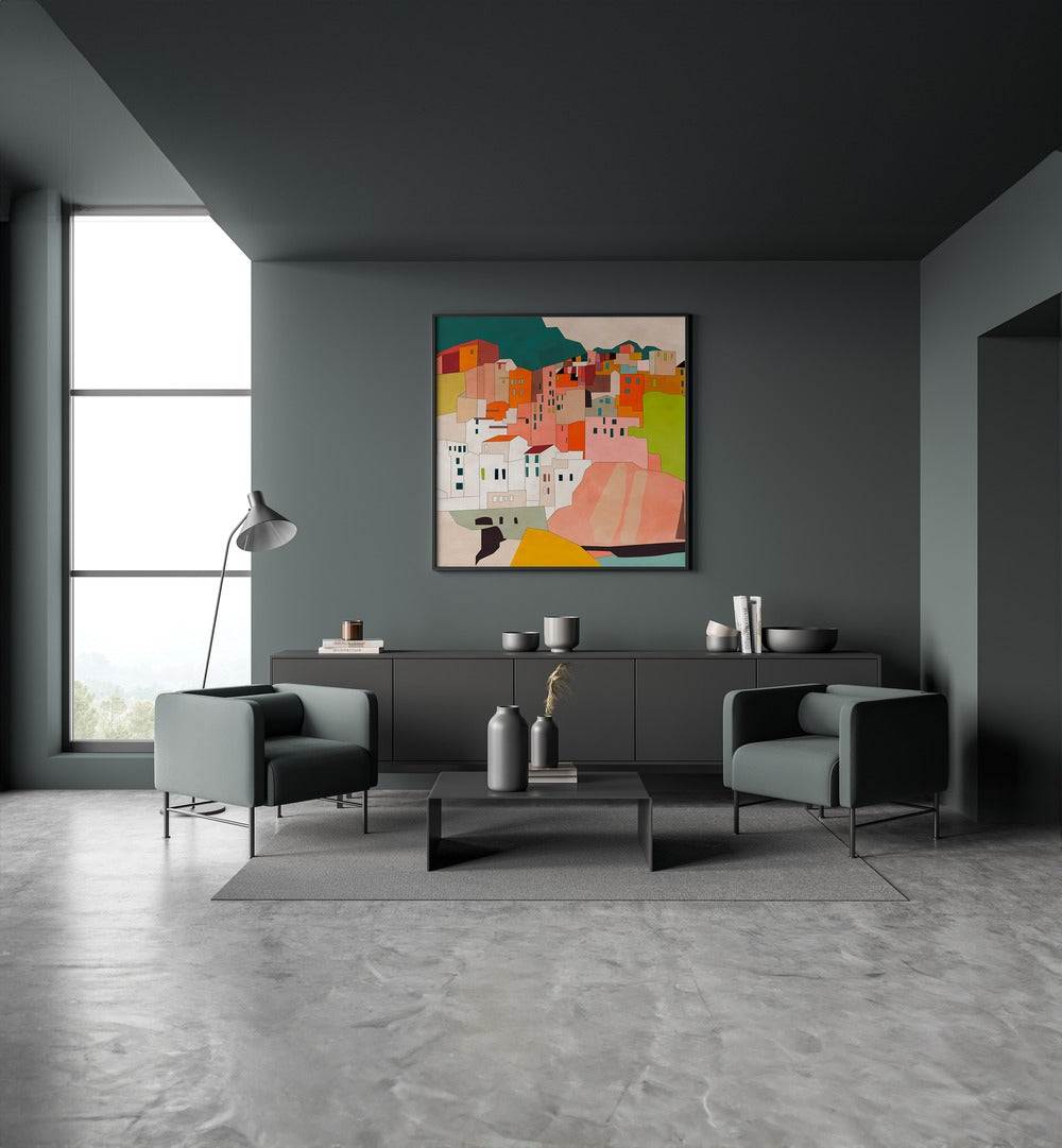 Cinque Terre By Ana Rut Bre Abstract Art Abstract Paintings in Black Plain Frame placed on a Dark Grey Colored Wall in the Living Room