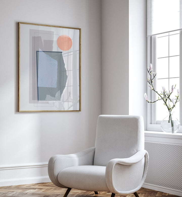 Circle And Abstract Piecesby Mareike Bohmer Abstract Art Abstract Paintings in Oak Wood Plain Frame placed on a White Colored Wall in the Drawing Room