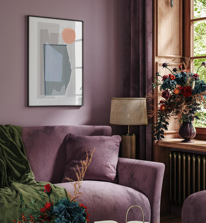 Circle And Abstract Piecesby Mareike Bohmer Abstract Art Abstract Paintings in Black Plain Frame placed on a Purple Colored Wall near a Purple Sofa in the Living Room