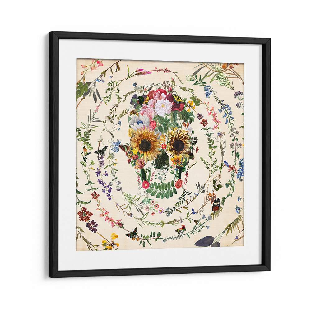 Circle Of Life Botanical Art Prints Floral Paintings in Black Frame With Mount