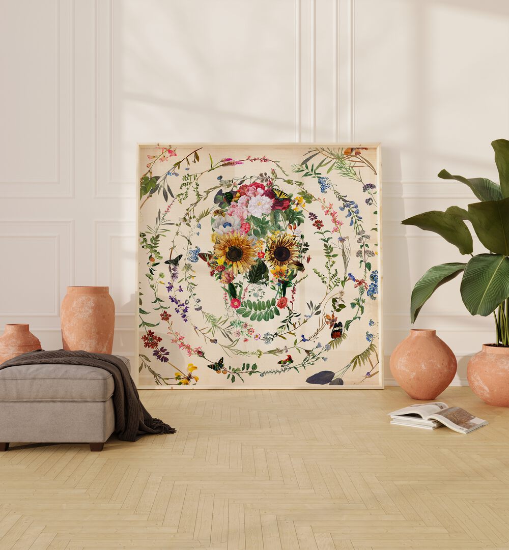 Circle of Life Botanical Art Prints Floral Paintings in White Plain Frame placed on the floor between pots 