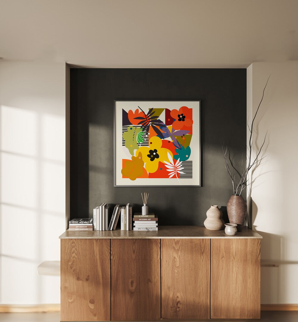 Circles Minimal Flower By Ana Rut Bre Abstract Art Abstract Paintings in Black Plain Frame placed on a Dark Grey Colored Wall above a Console Table