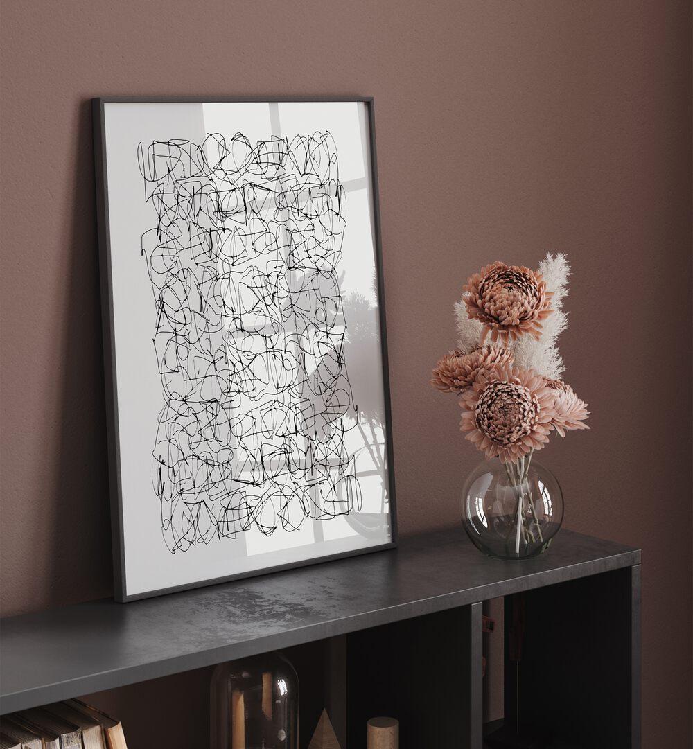 Circuitry By Dan Hobday Abstract Art Abstract Paintings in Black Plain Frame placed on a Console Table near a Brown Colored Wall