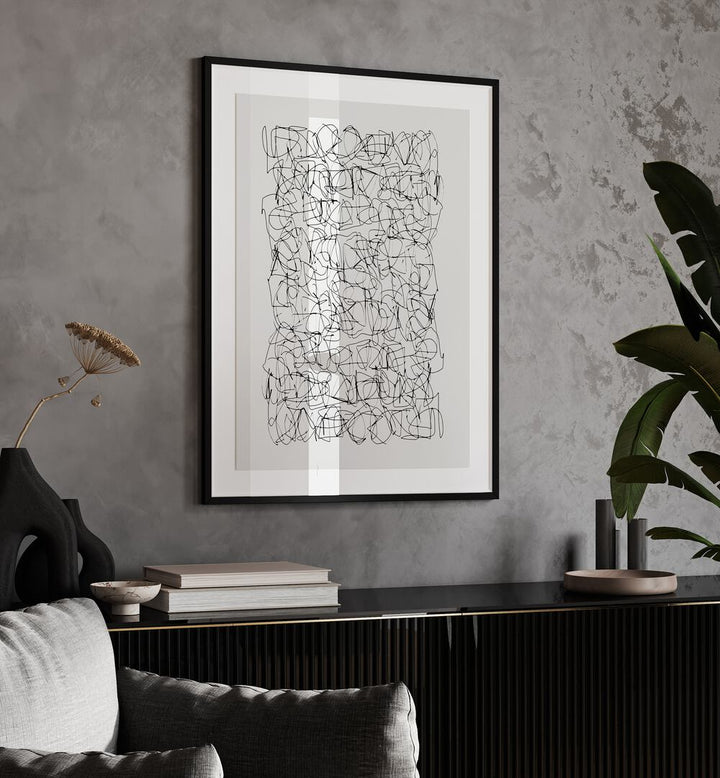 Circuitry By Dan Hobday Abstract Art Abstract Paintings in Black Frame With Mount placed on a Grey Colored Wall above a Console Table in the Living Room